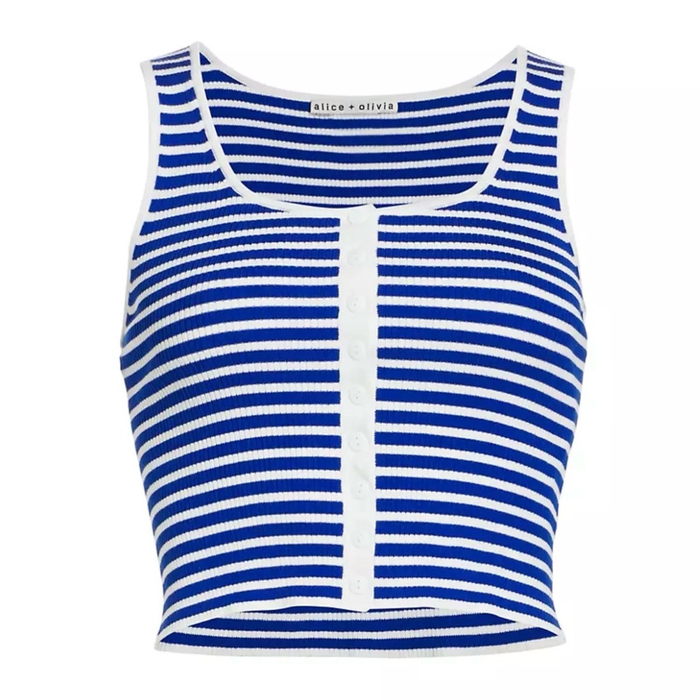 Alice + Olivia Blue & White DARYN Stripe Button-Front Ribbed Tank sz: XS